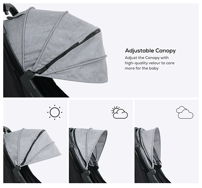 Nurtur Aspen Baby Stroller 0 to 36 months, Storage Basket, Leatherette details, One -hand fold design, 5 Point Safety Harness, EVA wheels - Black/Grey