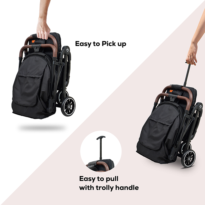 Nurtur Bravo Plus Baby Stroller 0 to 36 months, Storage Basket, Leatherette details, One -hand fold design, 5 Point Safety Harness, EVA wheels - Black