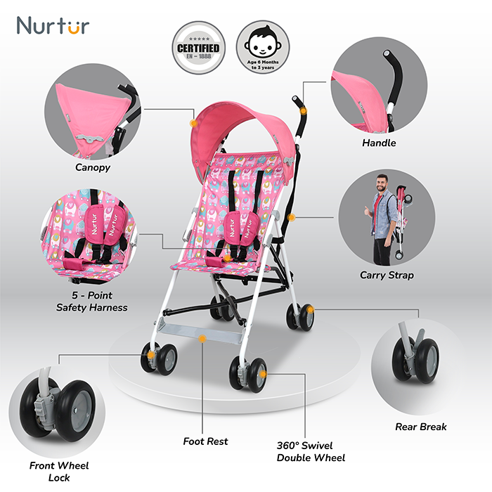 Nurtur Rex Lightweight Stroller – Compact Fold, Sun Canopy, Shoulder Strap, Airflow Design, Portable Buggy for Toddlers 6-36 Months, Easy Fold, - Pink