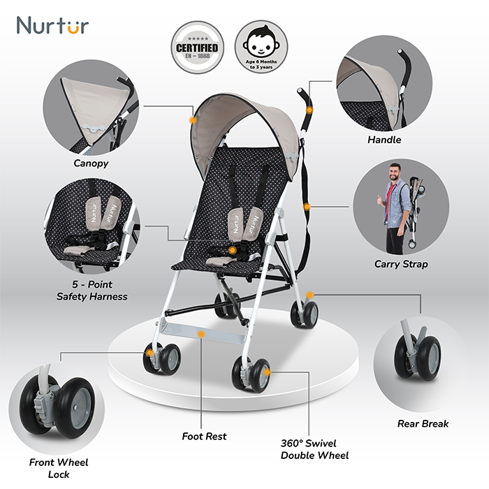 Nurtur Rex Lightweight Stroller – Compact Fold, Sun Canopy, Shoulder Strap, Airflow Design, Portable Buggy for Toddlers 6-36 Months, Easy Fold, - Sand / Black