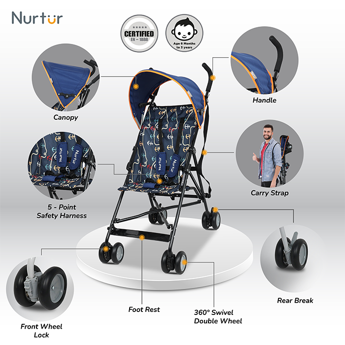 Nurtur Rex Lightweight Stroller – Compact Fold, Sun Canopy, Shoulder Strap, Airflow Design, Portable Buggy for Toddlers 6-36 Months, Easy Fold, - Navy Print