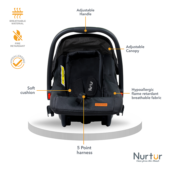 Nurtur Plus Travel System - Stroller with Baby Carrier, 0 36 months, Storage Basket, Detachable Bumper, 5 Point Safety Harness, Compact Foldable Design, Black