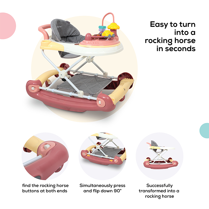 Nurtur 2 In 1 Baby Walker, Music, 5 Height Adjustments W/Canopy - Pink