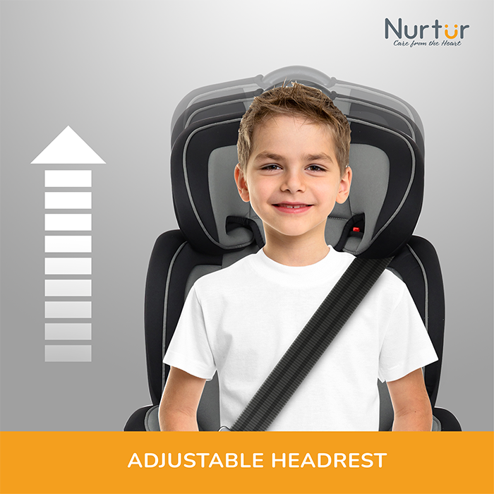 Nurtur Jupiter Baby/Kids 3-in-1 Car Seat + Booster Seat - Adjustable Backrest - Extra Protection - 5-Point Safety Harness - 9 months to 12 years (Group 1/2/3), Upto 36kg - Grey Multi