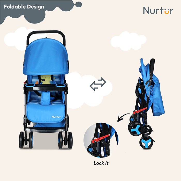 Nurtur Ryder Ultra Compact Lightweight Baby Travel Stroller with Storage Basket, Detachable Food Tray, Reclining Seat and Leg Rest, 0-36 Months, , Light Blue Printed