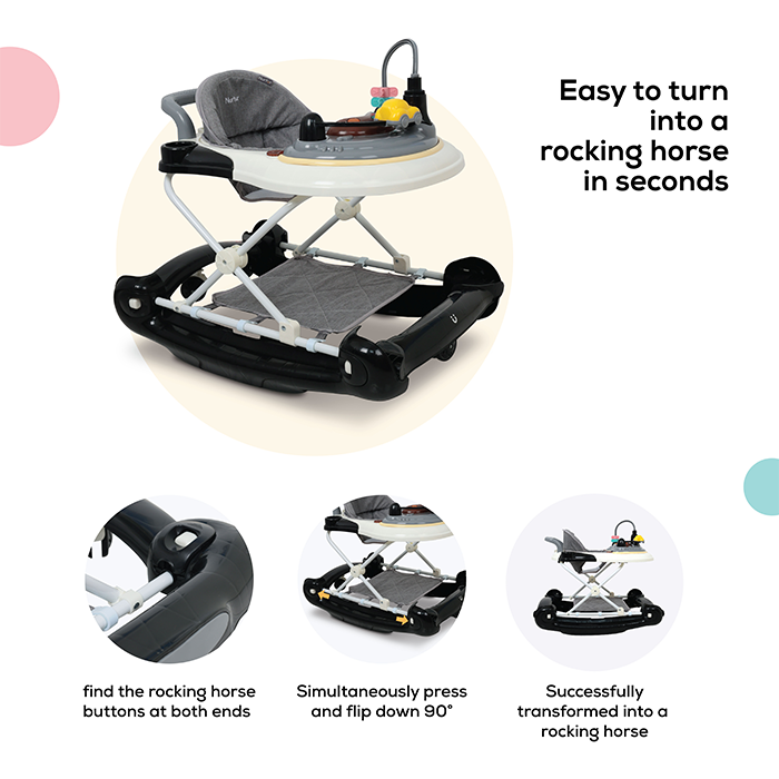 Nurtur 2 In 1 Baby Walker, Music, 5 Height Adjustments W/Canopy - Black
