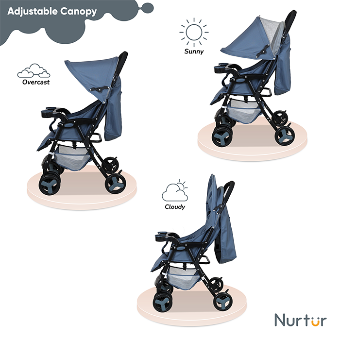 Nurtur Ryder Ultra Compact Lightweight Baby Travel Stroller with Storage Basket, Detachable Food Tray, Reclining Seat and Leg Rest, 0-36 Months, , Navy Printed