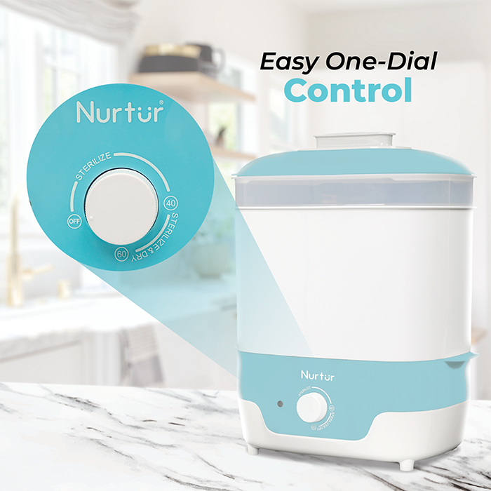 Nurtur Steri Modular Sterilizer dryer, Auto Steam and Dry baby bottles and accessories, 8 bottle capacity, mnodular design, auto shut off, UK Plug, led Timer Function