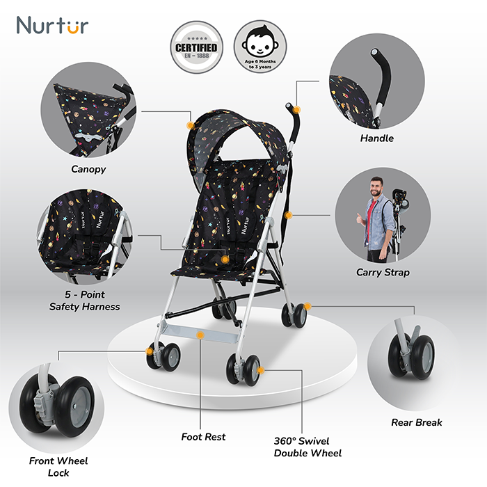 Nurtur Rex Lightweight Stroller – Compact Fold, Sun Canopy, Shoulder Strap, Airflow Design, Portable Buggy for Toddlers 6-36 Months, Easy Fold, - Black Print