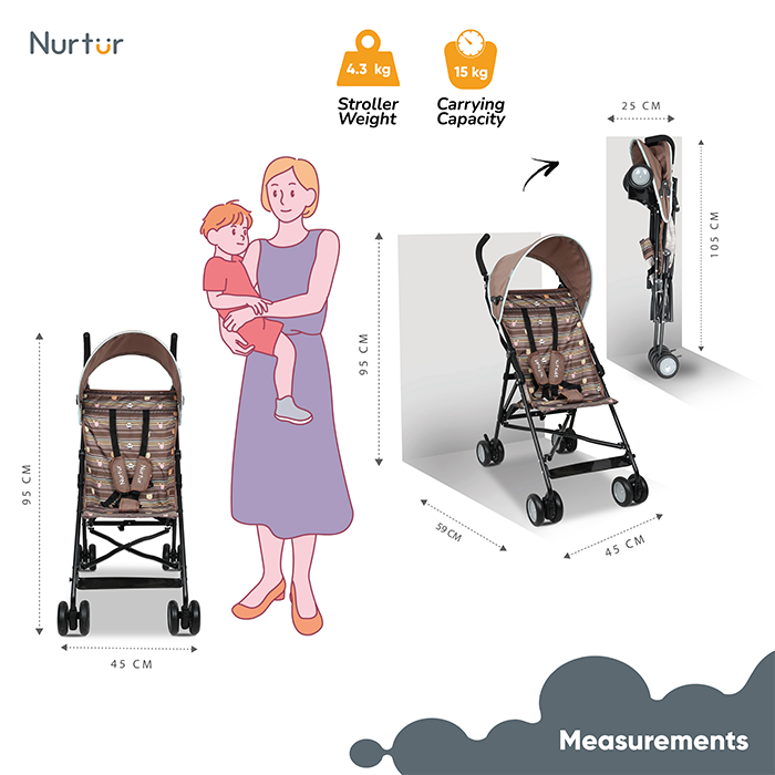 Nurtur Rex Lightweight Stroller – Compact Fold, Sun Canopy, Shoulder Strap, Airflow Design, Portable Buggy for Toddlers 6-36 Months, Easy Fold, - Brown