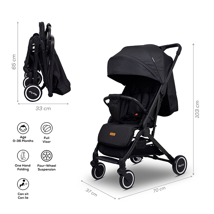 Nurtur Bravo Baby/Kids Travel Stroller 0 36 months, Storage Basket, Detachable Bumper, 5 Point Safety Harness, Compact Foldable Design, Black