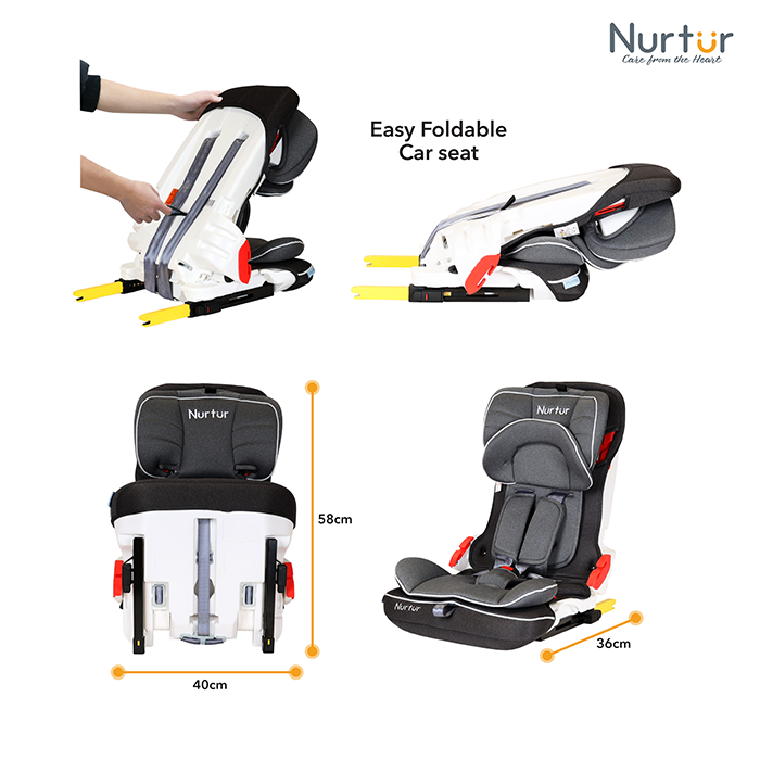 Nurtur Maverick Baby/Kids Compact Foldable Car Seat - ISOFIX - 10-level Adjustable Headrest - 9 months to 12 years (Group 1/2/3), Upto 36kg, Grey Multi