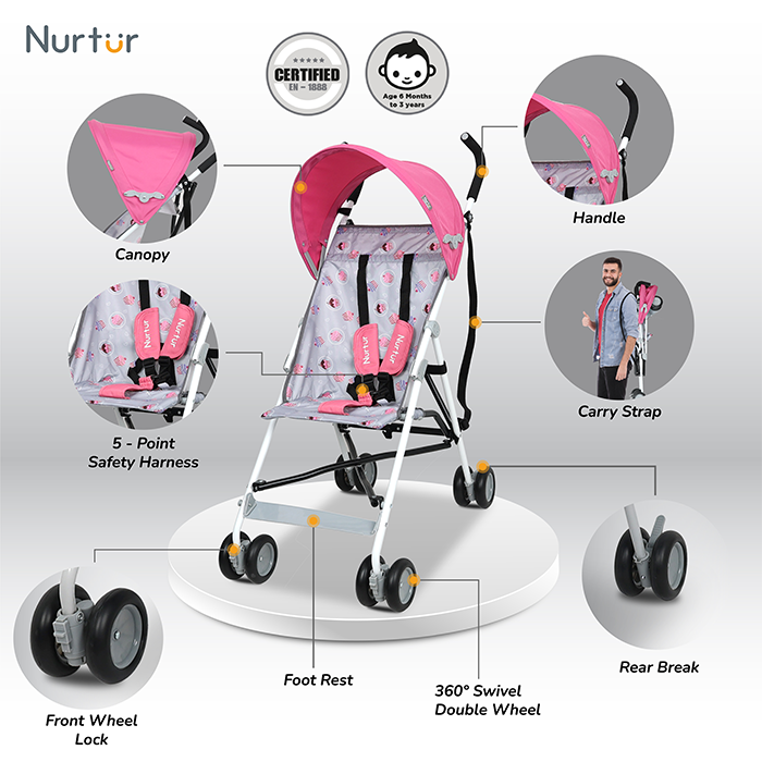 Nurtur Rex Lightweight Stroller – Compact Fold, Sun Canopy, Shoulder Strap, Airflow Design, Portable Buggy for Toddlers 6-36 Months, Easy Fold, - Pink / Grey