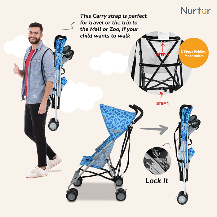 Nurtur Rex Lightweight Stroller – Compact Fold, Sun Canopy, Shoulder Strap, Airflow Design, Portable Buggy for Toddlers 6-36 Months, Easy Fold, - Blue