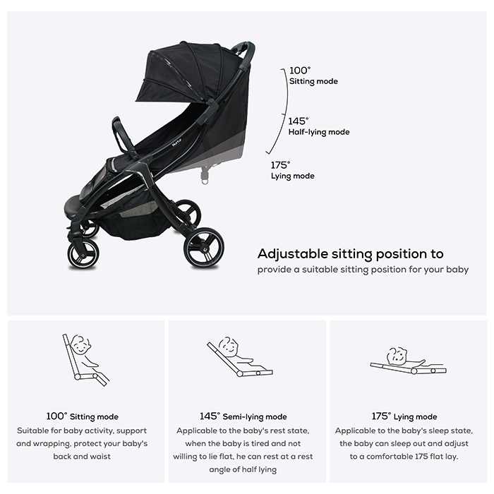 Nurtur Aspen Baby Stroller 0 to 36 months, Storage Basket, Leatherette details, One -hand fold design, 5 Point Safety Harness, EVA wheels - Black/Grey