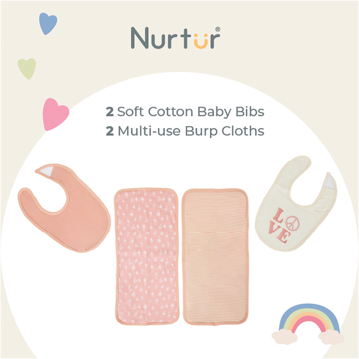 Nurtur Feeding Gift Set - 2 pack bibs & 2 burpcloths - Pink Multi/Girl
