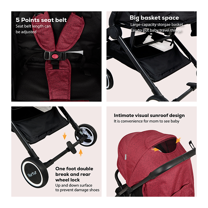 Nurtur Bravo Baby/Kids Travel Stroller 0 36 months, Storage Basket, Detachable Bumper, 5 Point Safety Harness, Compact Foldable Design, Red