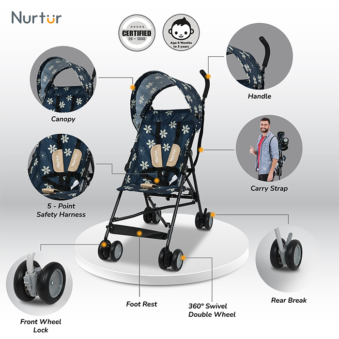 Nurtur Rex Lightweight Stroller – Compact Fold, Sun Canopy, Shoulder Strap, Airflow Design, Portable Buggy for Toddlers 6-36 Months, Easy Fold, - Navy / Brown