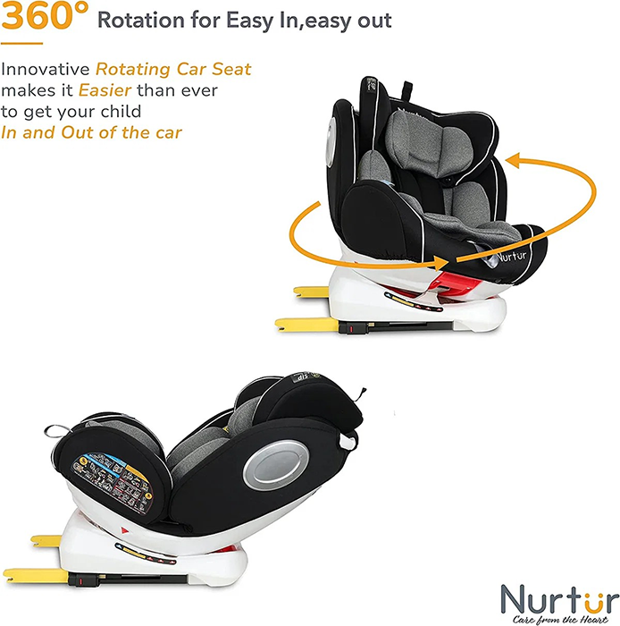 Nurtur Ultra Baby/Kids 4-in-1 Car Seat - 360° Rotation - ISOFIX – 9-Level Adjustable Headrest and Canopy - 0 months to 12 years (Group 0+/1/2/3), Upto 36kg - Grey Multi