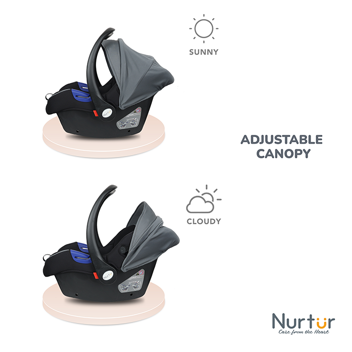 Nurtur Nemo Baby Carrier - Adjustable Canopy and Handle - Extra Protection – 3 -Point Safety Harness - Suitable from 0 months to 12 months, Upto 13kg, Grey Multi