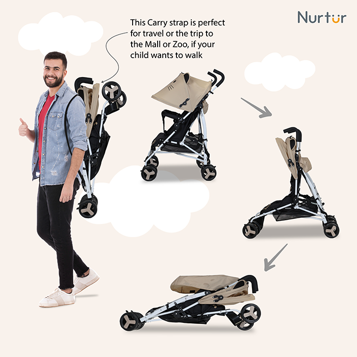 Nurtur Luca Character Baby/Kids Lightweight Stroller 0 36 Months, Storage Basket, Detachable Bumper, 5 Point Safety Harness, Compact Design with shoulder strap - Brown