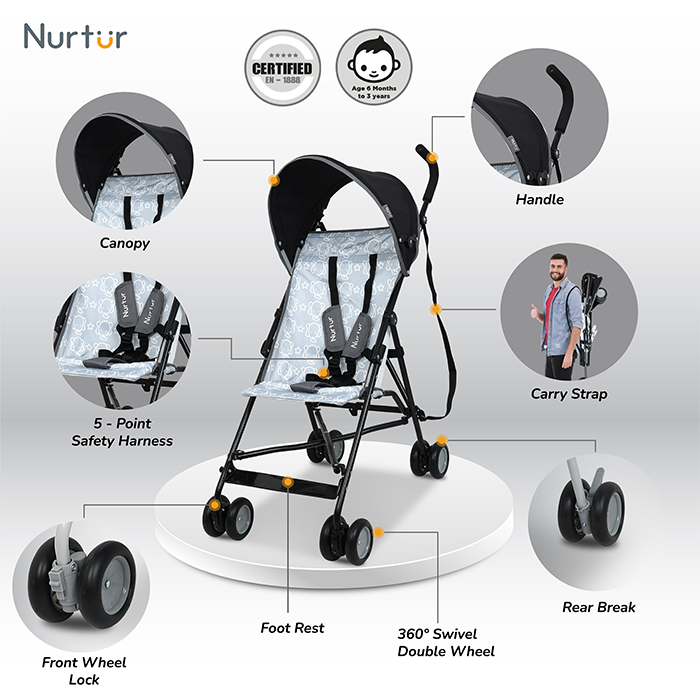Nurtur Rex Lightweight Stroller – Compact Fold, Sun Canopy, Shoulder Strap, Airflow Design, Portable Buggy for Toddlers 6-36 Months, Easy Fold, - Black / Grey