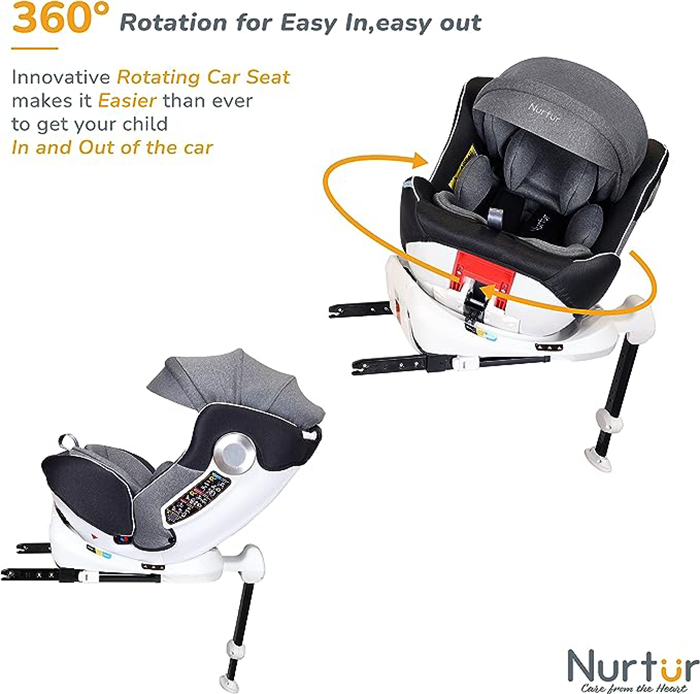 Nurtur Liberty Baby/Kids 4-in-1 Car Seat - 360° Rotation – Leg Support - ISOFIX – 10-level Adjustable Headrest with Canopy - 0 months to 12 years (Group 0+/1/2/3), Upto 36kg - Dark Grey