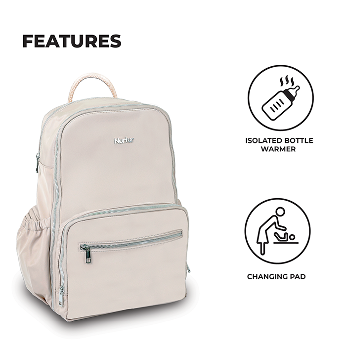 Nurtur Maverick Maternity Diaper Bag Fashion Bagpack Bag Multifunction Travel Bag with insulator bottle warming pocket and changing pad - Beige