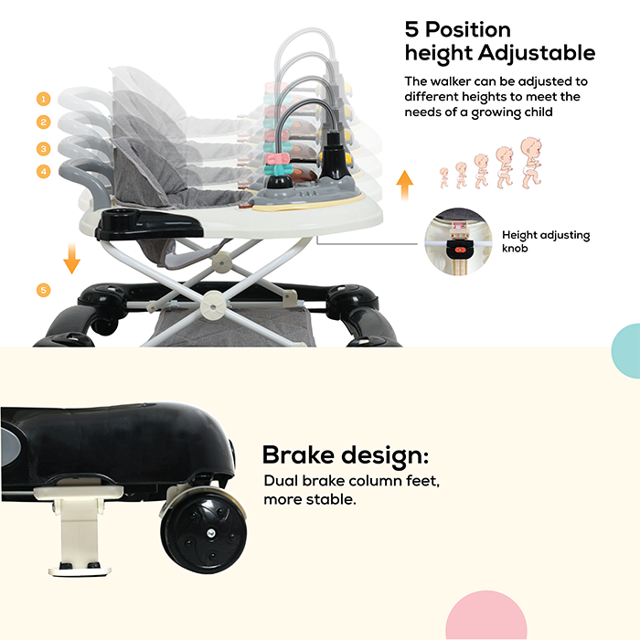 Nurtur 2 In 1 Baby Walker, Music, 5 Height Adjustments W/Canopy - Black