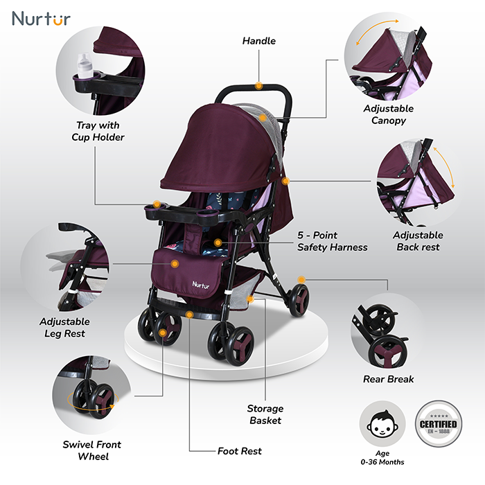 Nurtur Ryder Ultra Compact Lightweight Baby Travel Stroller with Storage Basket, Detachable Food Tray, Reclining Seat and Leg Rest, 0-36 Months, , Burgundy Printed