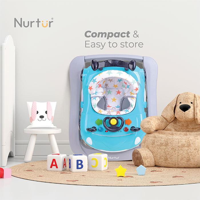 Nurtur 4 In 1 Baby Multi Walker-rocking Function- Music - 5 Height Adjustment- feeding table, car mould, easy fold - Multi