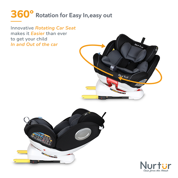 Nurtur Ultra Baby/Kids 4-in-1 Car Seat - 360° Rotation - ISOFIX – 9-Level Adjustable Headrest and Canopy - 0 months to 12 years (Group 0+/1/2/3), Upto 36kg - Black Multi