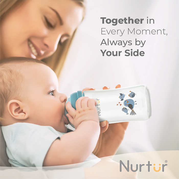 Nurtur Cozi - 240Ml Anticolic Glass Feeding Bottle - Blue