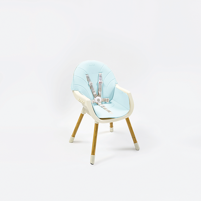 Nurtur 2 in 1High chair, adjustable height, wooden finish, with padded cushioning, Detachable Tray, footrest included - Blue