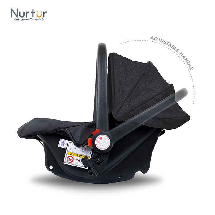 Nurtur Plus Travel System - Stroller with Baby Carrier, 0 36 months, Storage Basket, Detachable Bumper, 5 Point Safety Harness, Compact Foldable Design, Black