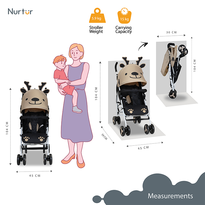 Nurtur Luca Character Baby/Kids Lightweight Stroller 0 36 Months, Storage Basket, Detachable Bumper, 5 Point Safety Harness, Compact Design with shoulder strap - Sand