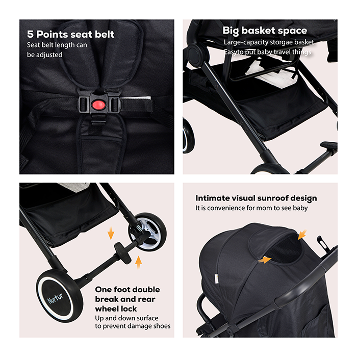 Nurtur Bravo Baby/Kids Travel Stroller 0 36 months, Storage Basket, Detachable Bumper, 5 Point Safety Harness, Compact Foldable Design, Black