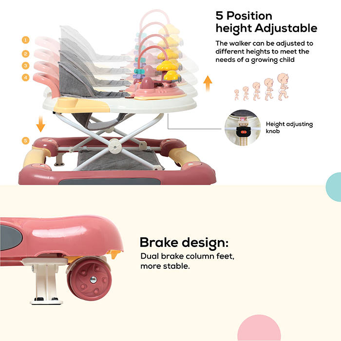 Nurtur 2 In 1 Baby Walker, Music, 5 Height Adjustments W/Canopy - Pink