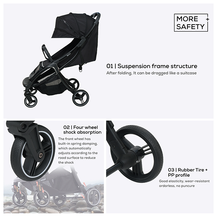 Nurtur Aspen Baby Stroller 0 to 36 months, Storage Basket, Leatherette details, One -hand fold design, 5 Point Safety Harness, EVA wheels - Black/Grey