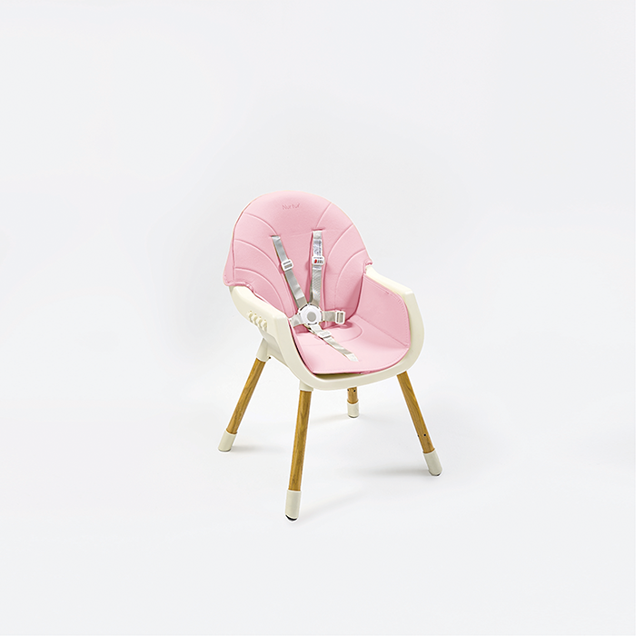 Nurtur 2 in 1High chair, adjustable height, wooden finish, with padded cushioning, Detachable Tray, footrest included - Pink
