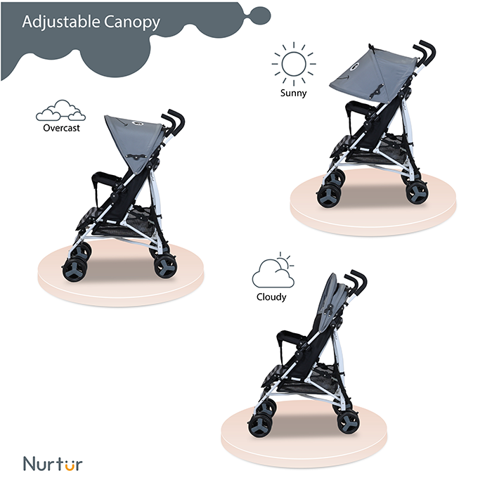 Nurtur Luca Character Baby/Kids Lightweight Stroller 0 36 Months, Storage Basket, Detachable Bumper, 5 Point Safety Harness, Compact Design with shoulder strap Grey