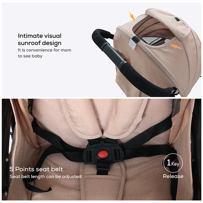 Nurtur Bliss Ultra Compact Lightweight Baby Travel Stroller with Storage Basket, Detachable Food Tray, Reclining Seat and Leg Rest, 0-36 Months, Sand