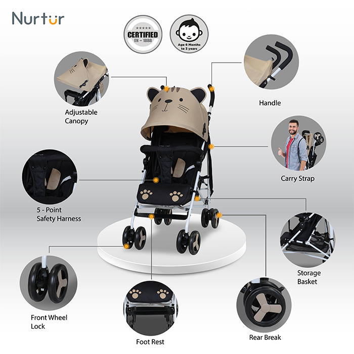 Nurtur Luca Character Baby/Kids Lightweight Stroller 0 36 Months, Storage Basket, Detachable Bumper, 5 Point Safety Harness, Compact Design with shoulder strap - Brown