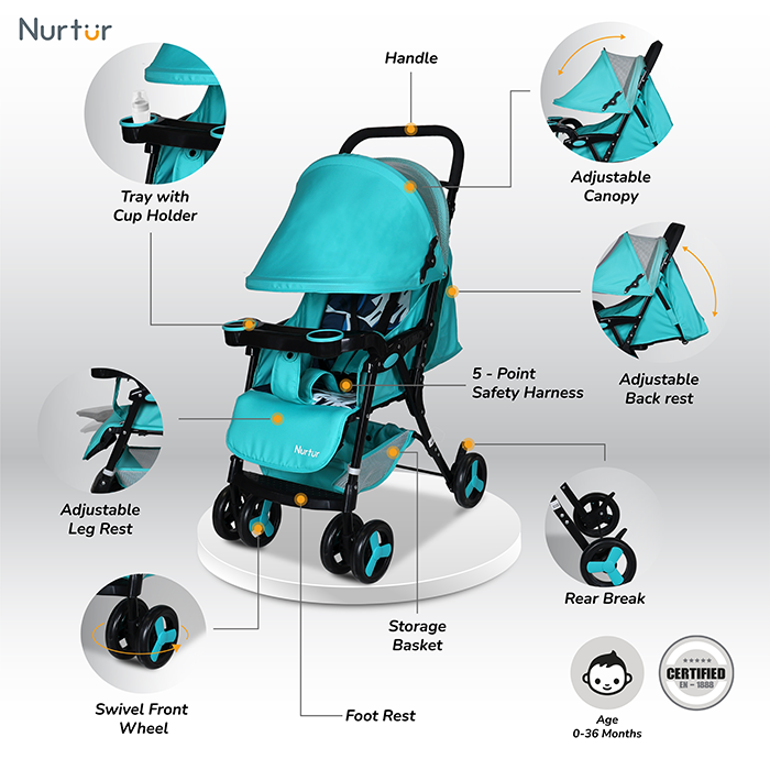 Nurtur Ryder Ultra Compact Lightweight Baby Travel Stroller with Storage Basket, Detachable Food Tray, Reclining Seat and Leg Rest, 0-36 Months, , Teal Printed