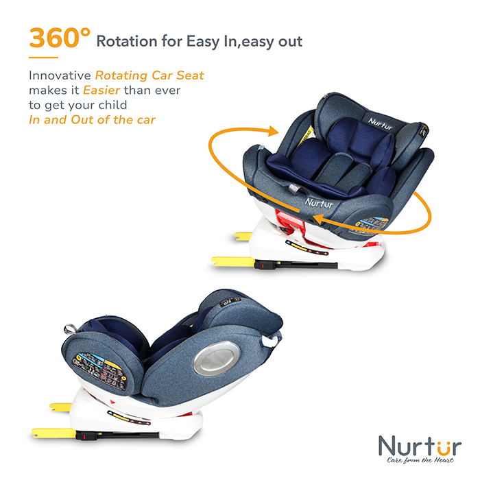 Nurtur Ultra Baby/Kids 4-in-1 Car Seat - 360° Rotation - ISOFIX – 9-Level Adjustable Headrest and Canopy - 0 months to 12 years (Group 0+/1/2/3), Upto 36kg - Navy