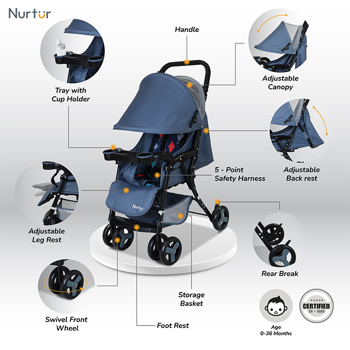 Nurtur Ryder Ultra Compact Lightweight Baby Travel Stroller with Storage Basket, Detachable Food Tray, Reclining Seat and Leg Rest, 0-36 Months, , Navy Printed