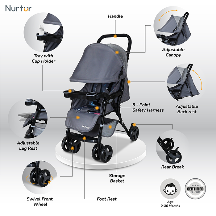 Nurtur Ryder Ultra Compact Lightweight Baby Travel Stroller with Storage Basket, Detachable Food Tray, Reclining Seat and Leg Rest, 0-36 Months, , Grey Printed