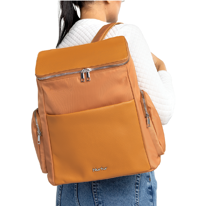 Nurtur Aura Maternity Diaper Bag PU Leather and Nylon Fashion Bagpack Bag Multifunction Travel Bag with insulator bottle warming pocket and changing pad - Nude