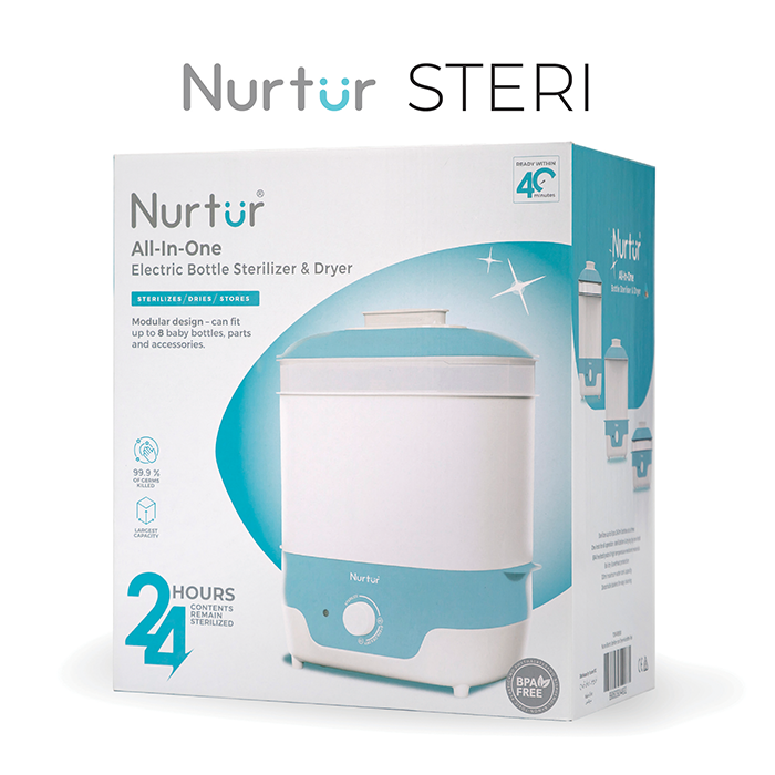 Nurtur Steri Modular Sterilizer dryer, Auto Steam and Dry baby bottles and accessories, 8 bottle capacity, mnodular design, auto shut off, UK Plug, led Timer Function