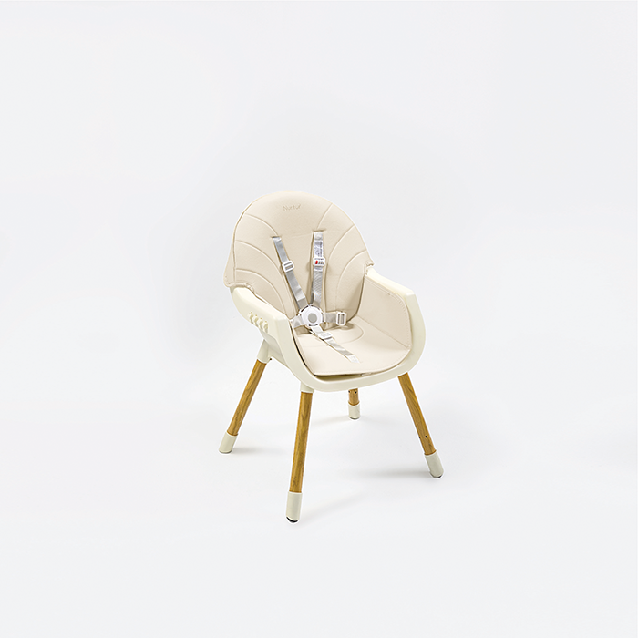 Nurtur 2 in 1High chair, adjustable height, wooden finish, with padded cushioning, Detachable Tray, footrest included - Beige